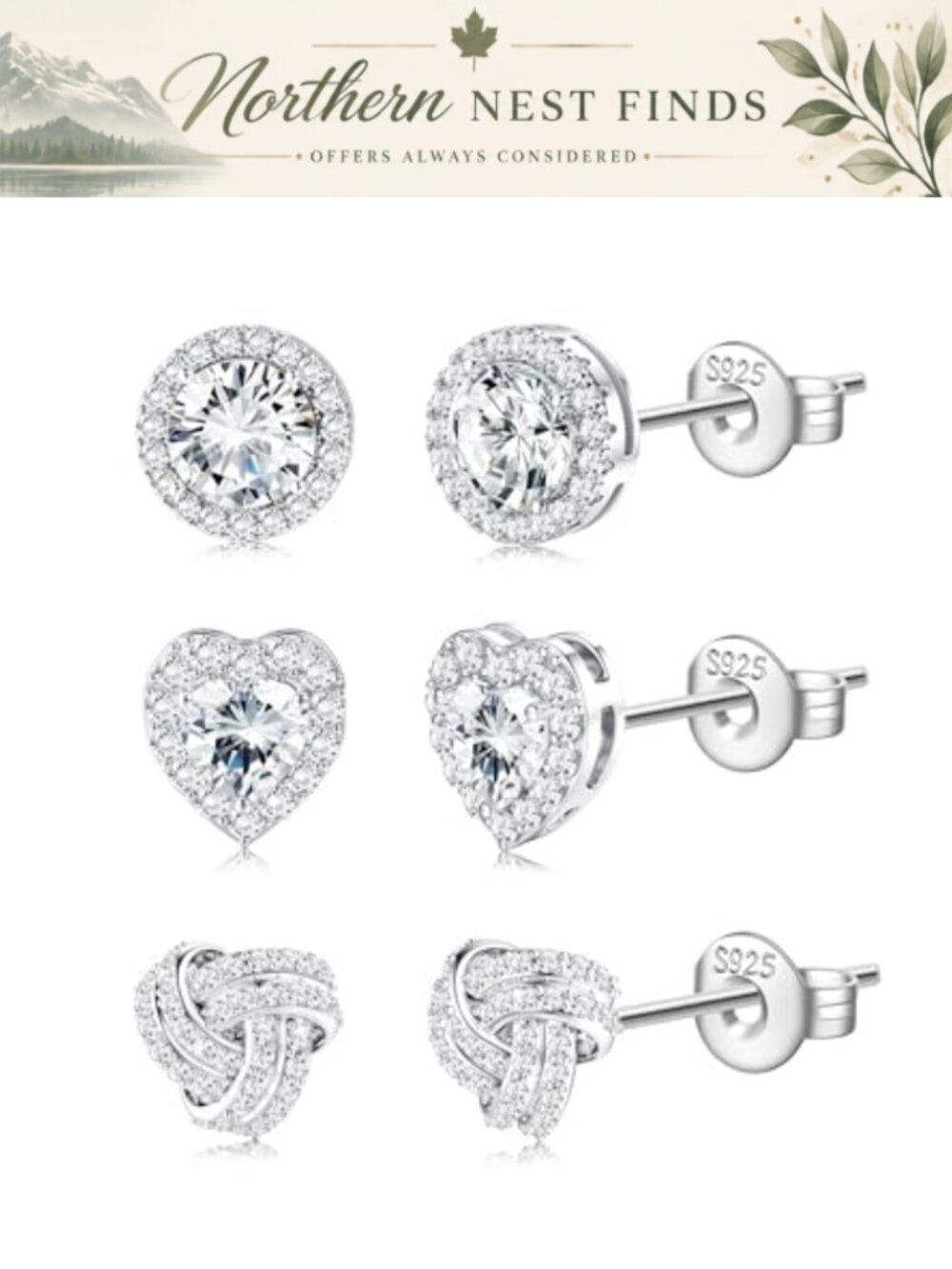 3 Pairs 925 Sterling Silver Stud Earrings Hypoallergenic Dainty Heart Knot